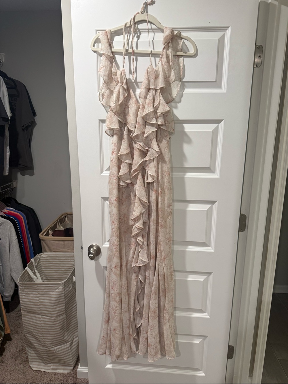 Ruffled Tie-Back Maxi Dress in Blush Floral